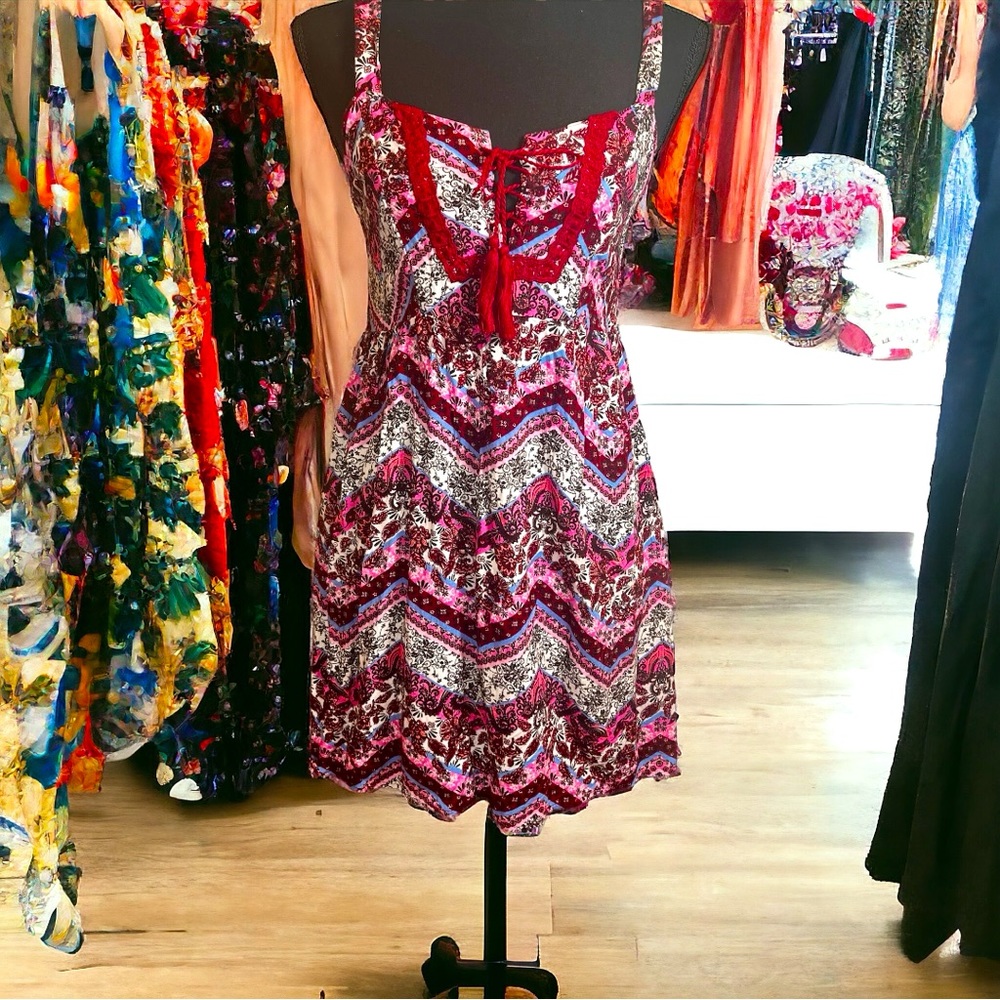 NoBo Front Laced Boho Crochet Embellished Elastic Waist Sundress Size Medium